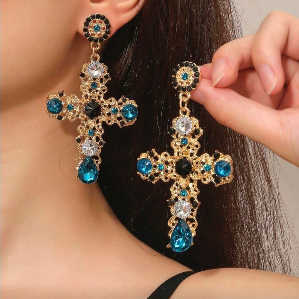 Elegant Gold and Blue Cross Earrings